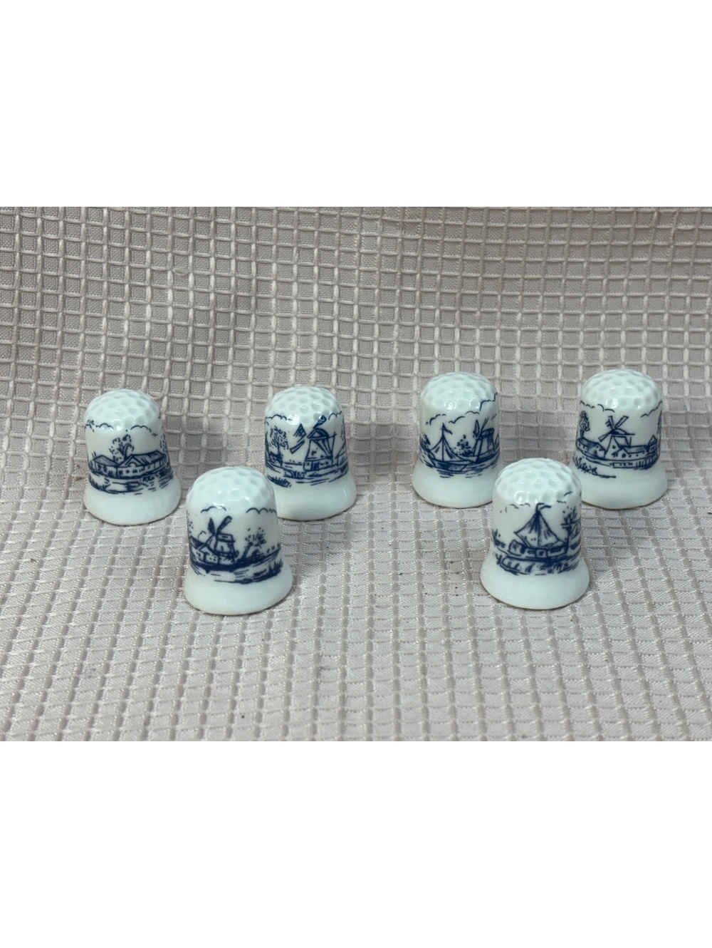 6 Vintage Thimbles Danish Delft Blue Windmills Cottage Porcelain